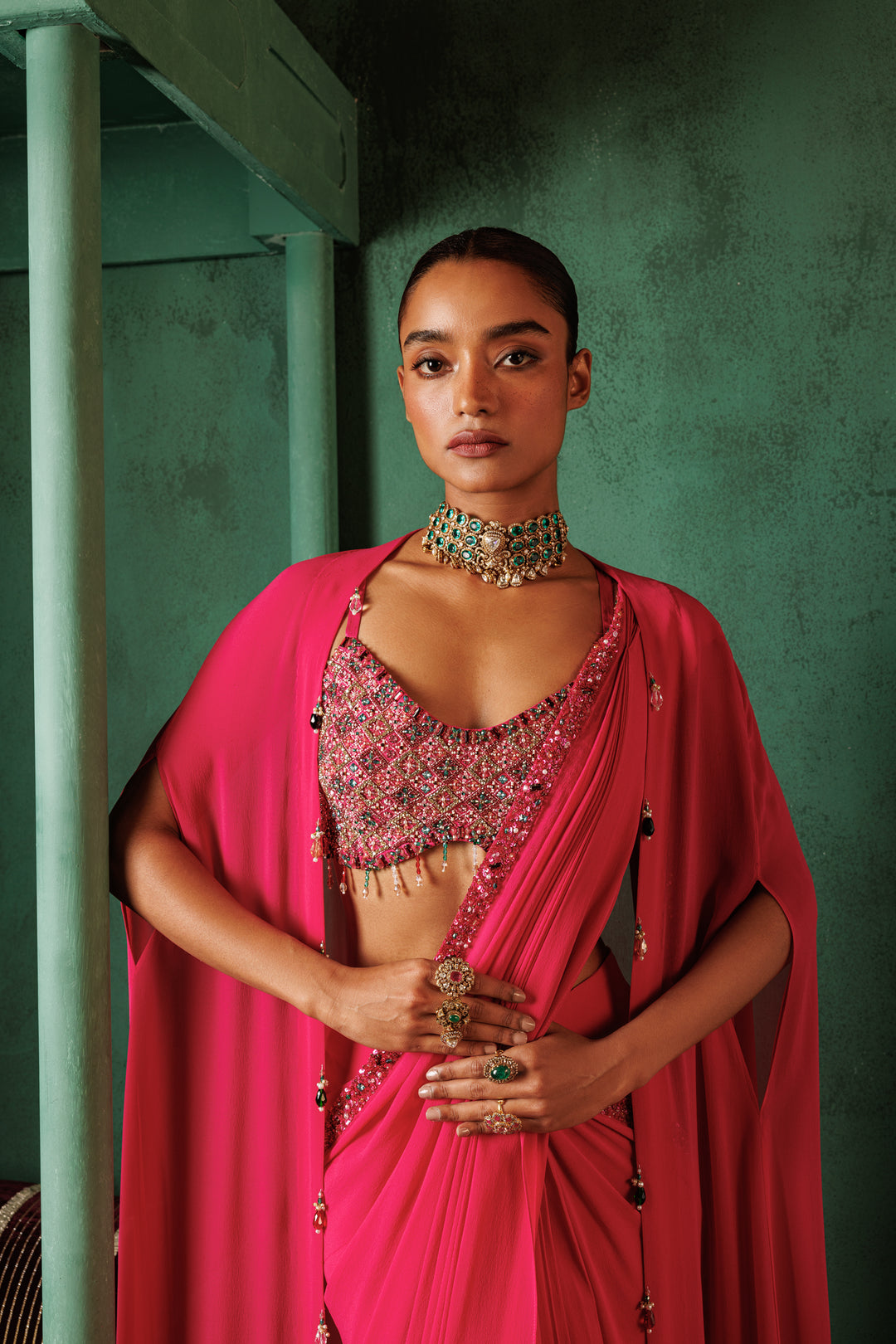 Pre-Stitched Ruby Pink Saree & Cape Set