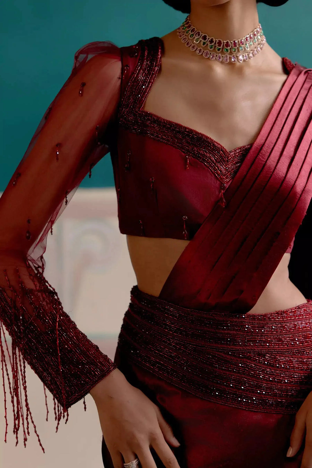 Crimson cascade draped saree ensemble — Warra ready to wear saree for wedding India - 1