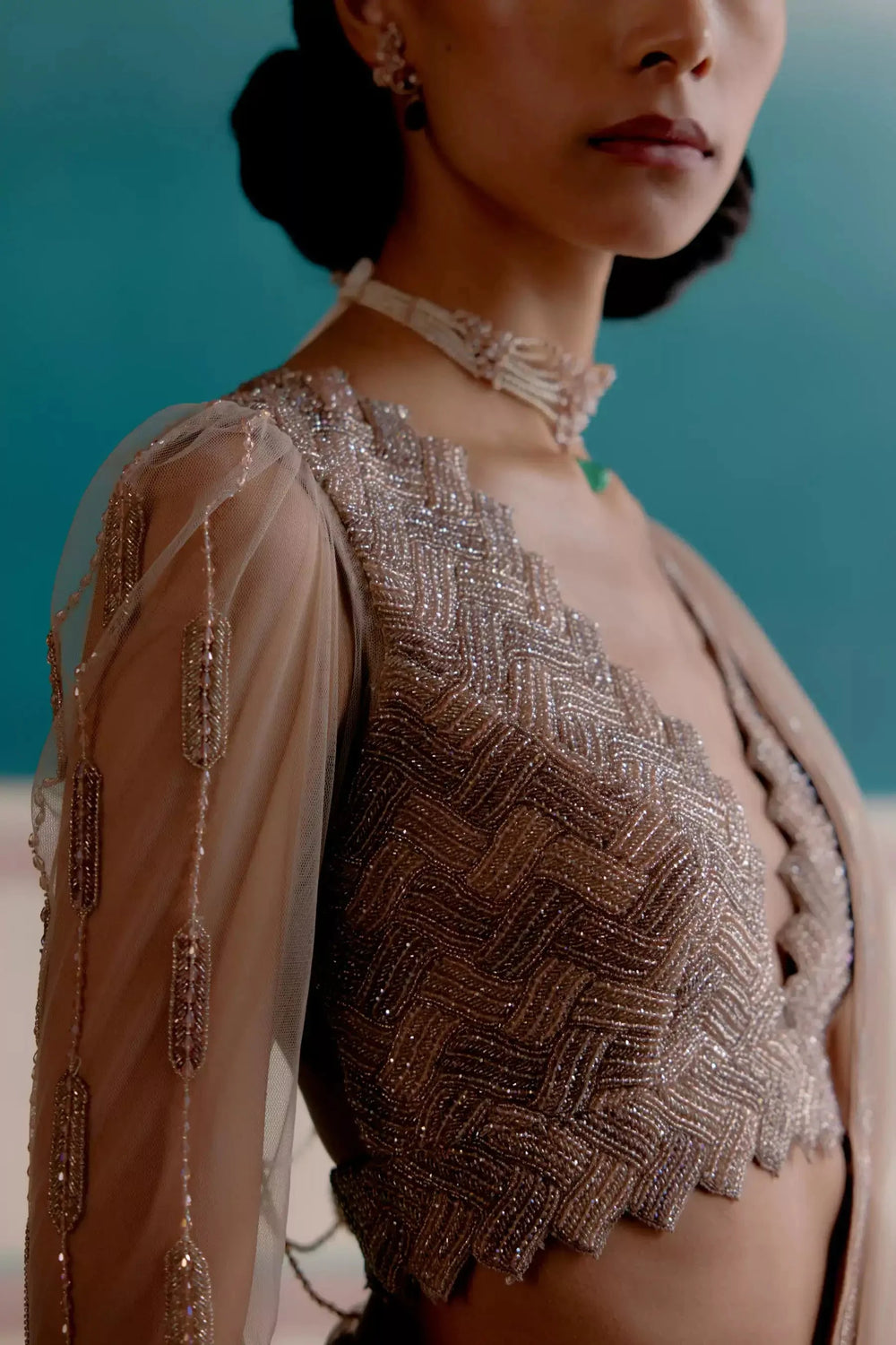 Champagne draped ready to wear saree with stitched blouse — Warra luxury occasion wear - 1