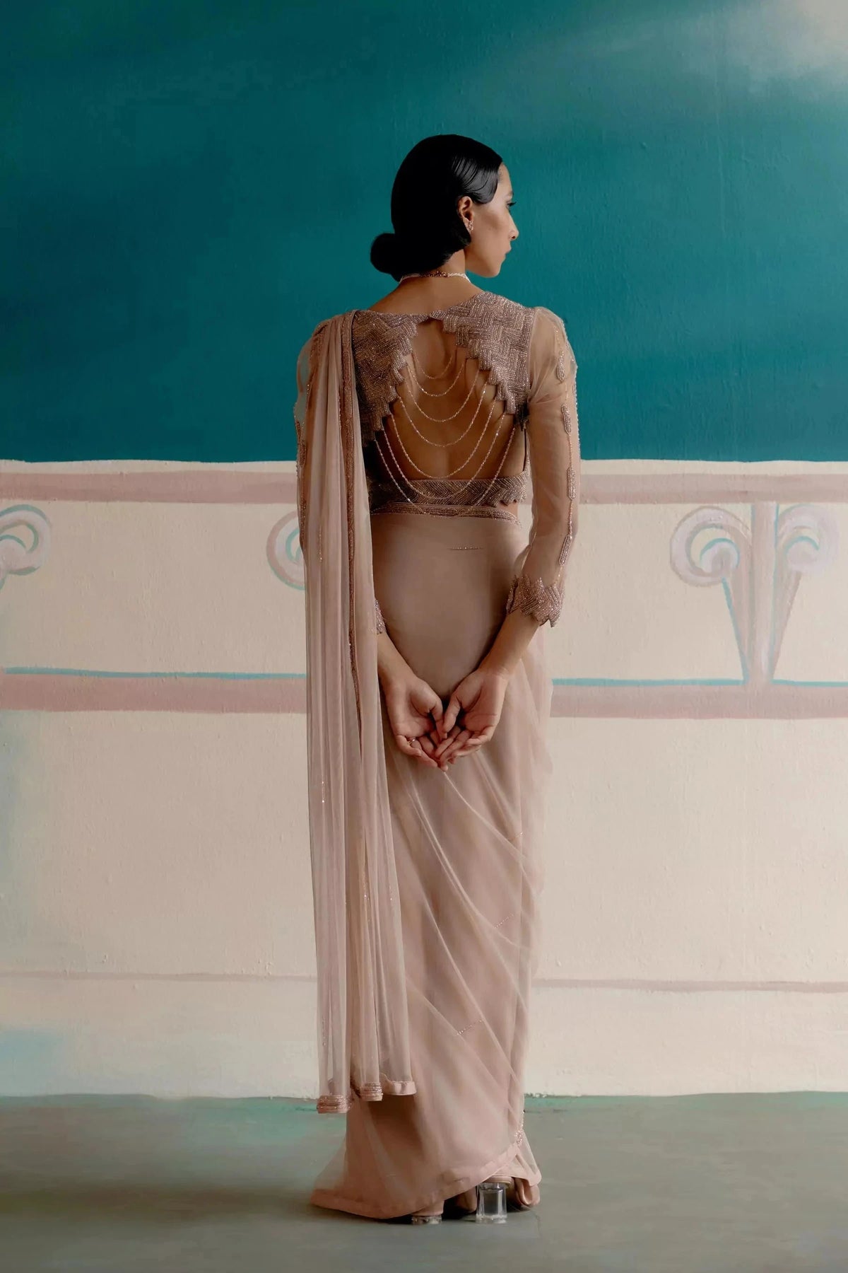 Champagne draped ready to wear saree with stitched blouse — Warra luxury occasion wear - 2