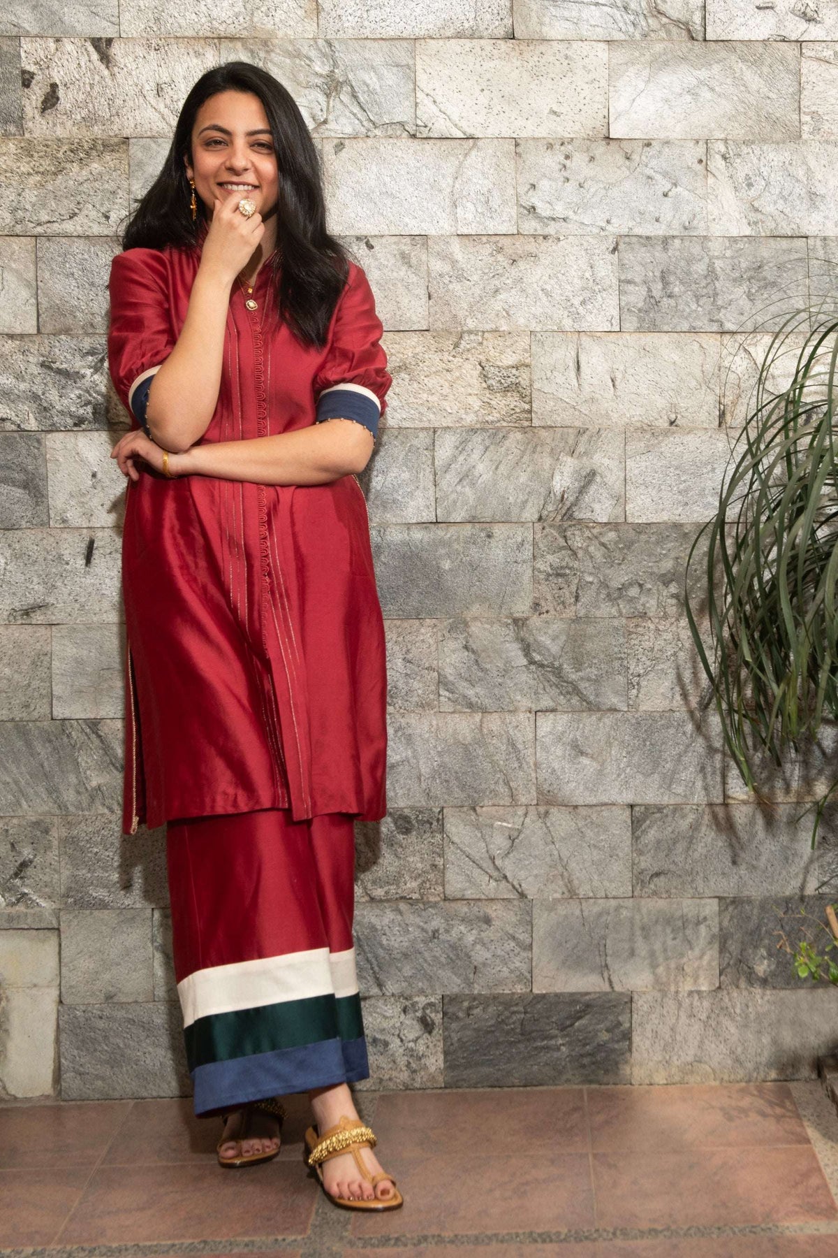 Crimson red Chanderi silk co-ord set for women — Warra Nayra ethnic occasion wear - 7