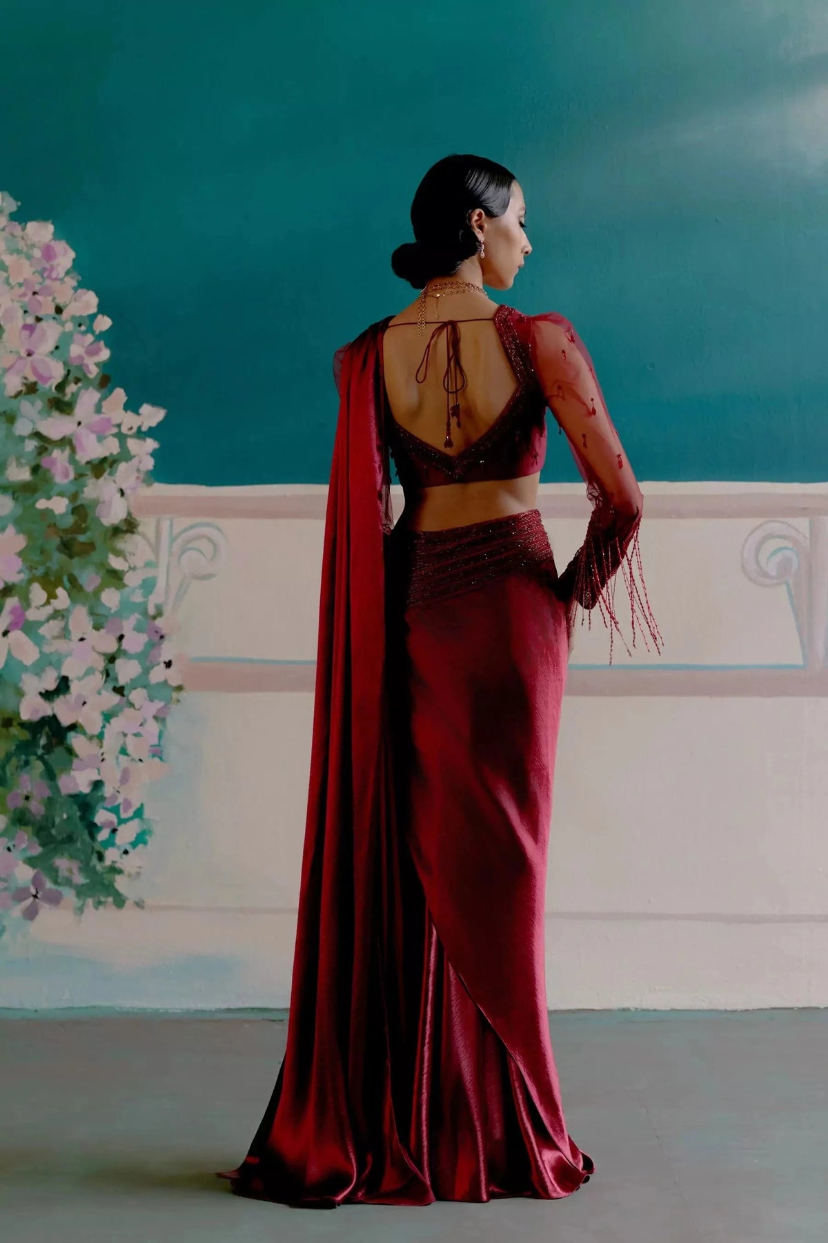 Crimson cascade draped saree ensemble — Warra ready to wear saree for wedding India - 6