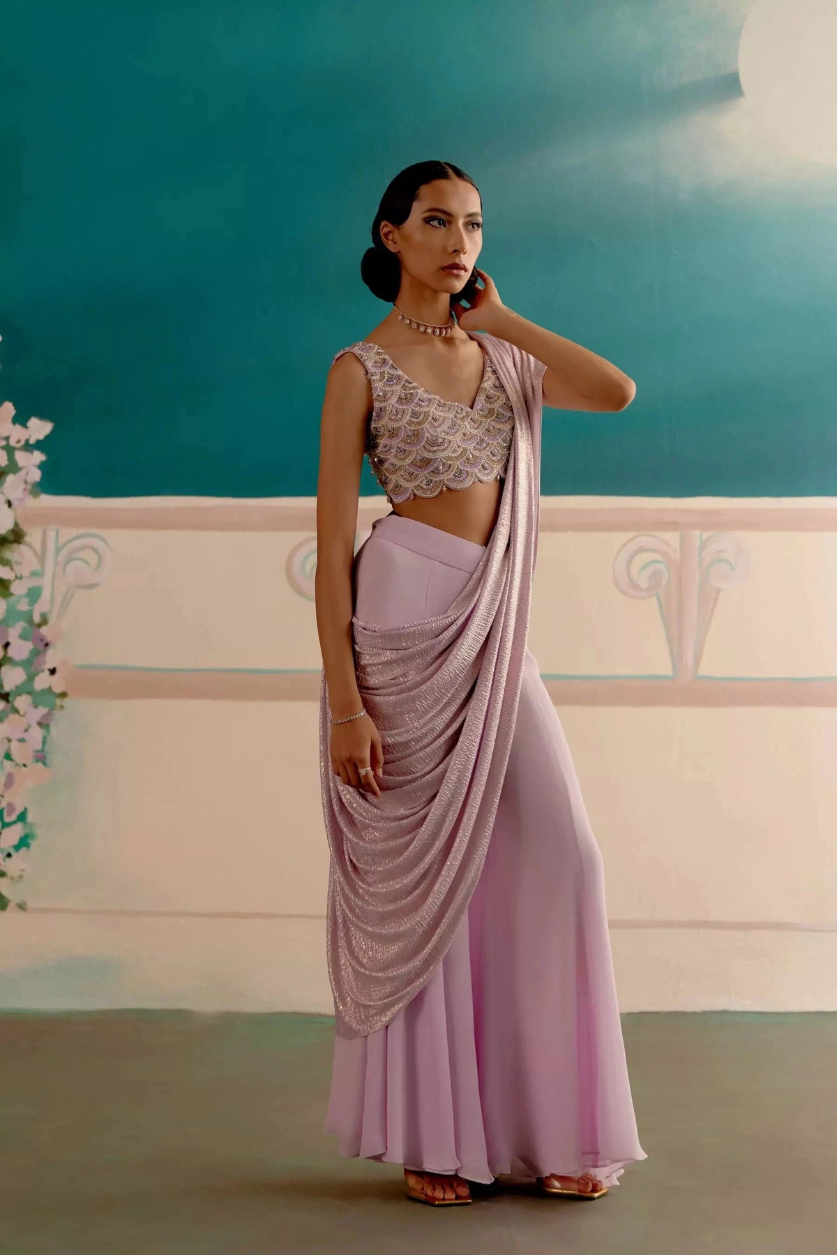 Lavender pant saree drape — Warra ready to wear saree for women premium India - 3