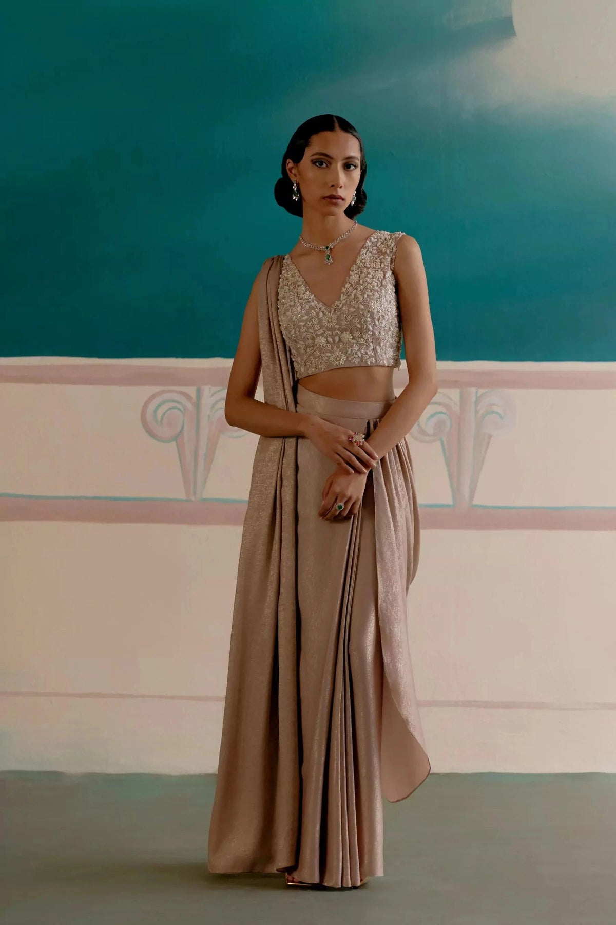 Gold draped ready to wear saree — Warra golden occasion saree for wedding India - 2