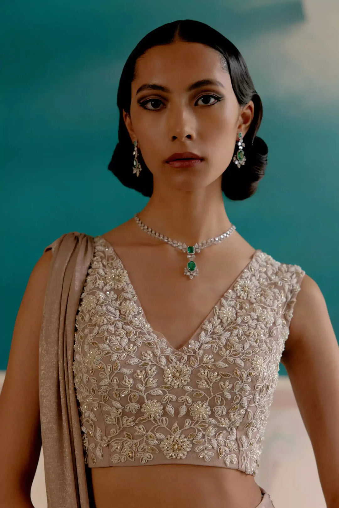 Soft pearl embellished stitched saree blouse — Warra ready to wear saree blouse India - 2