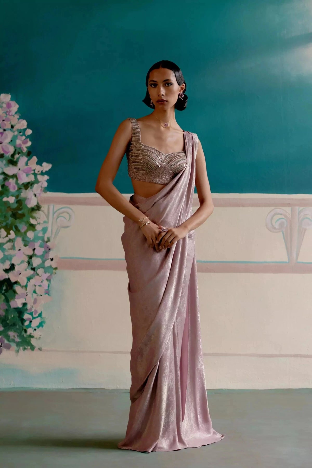 Celestial pink silver satin ready to wear saree — Warra premium occasion saree India