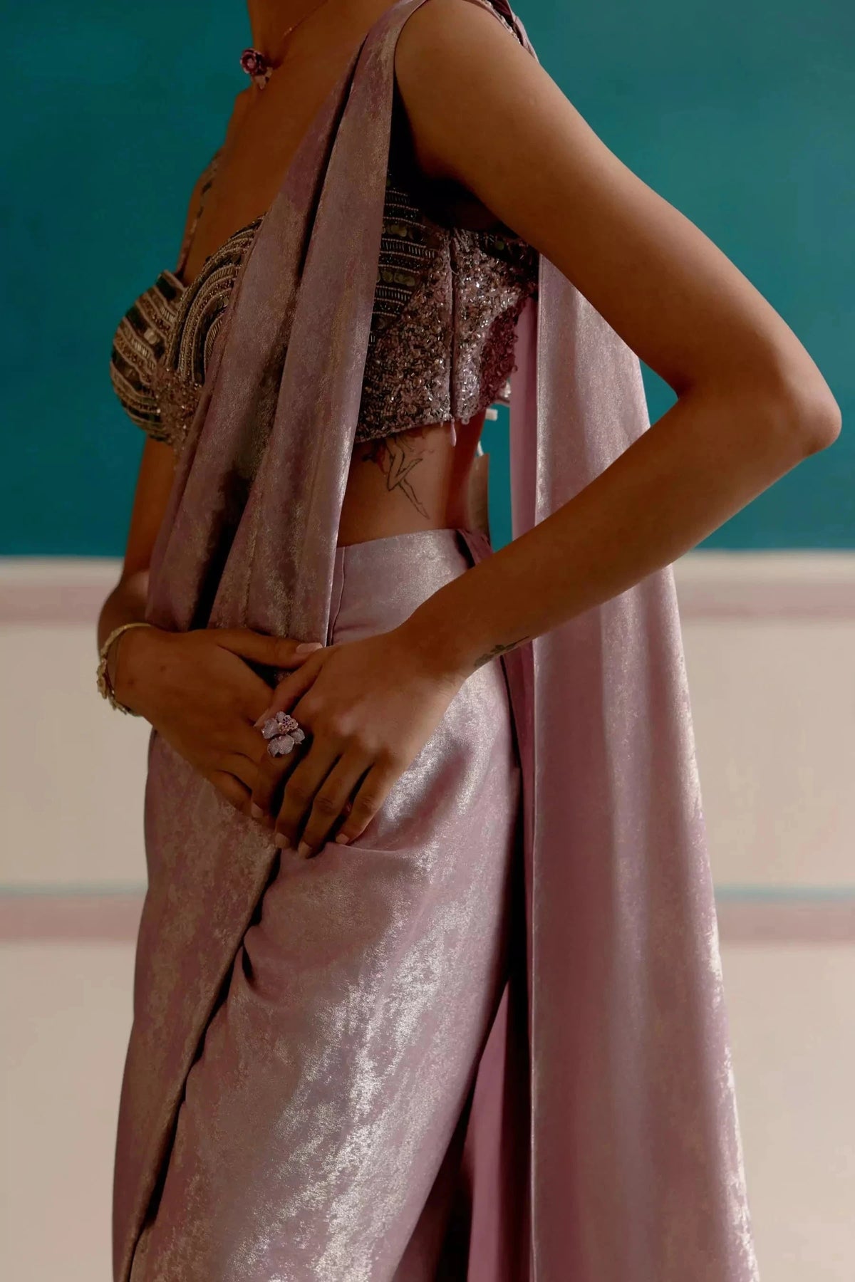 Celestial pink silver satin ready to wear saree — Warra premium occasion saree India - 2