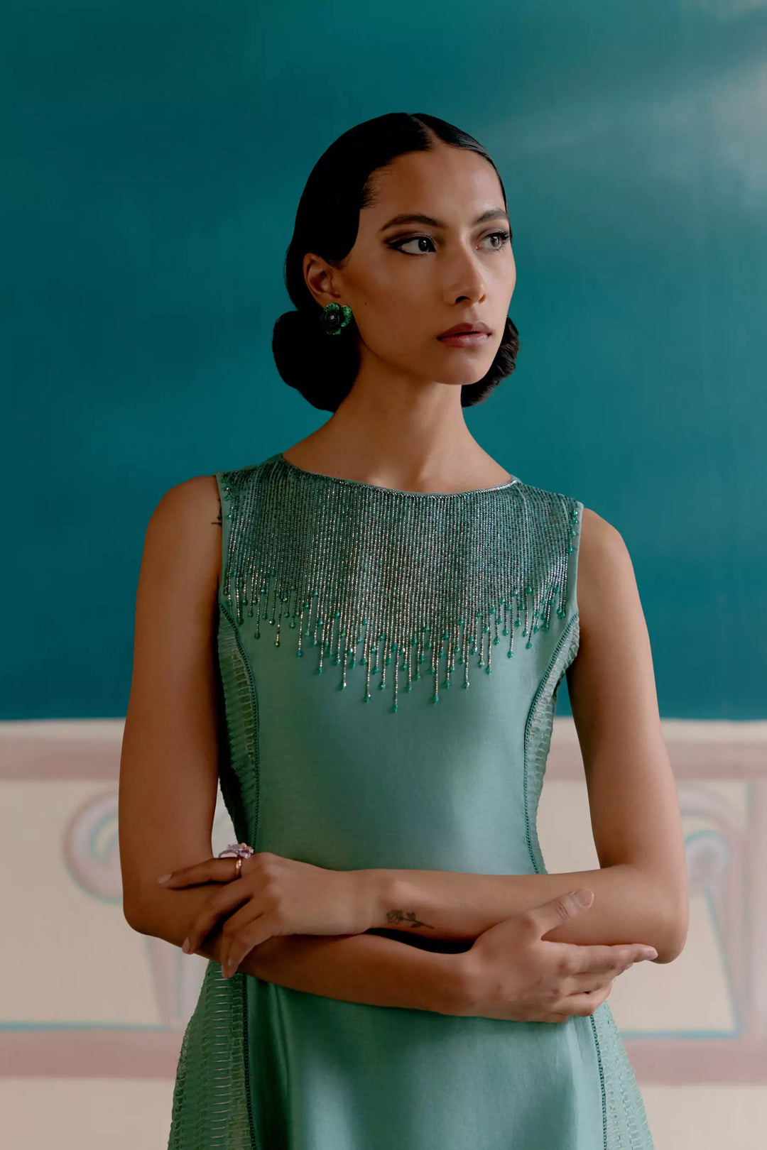 Aqua Green Beaded Midi Dress