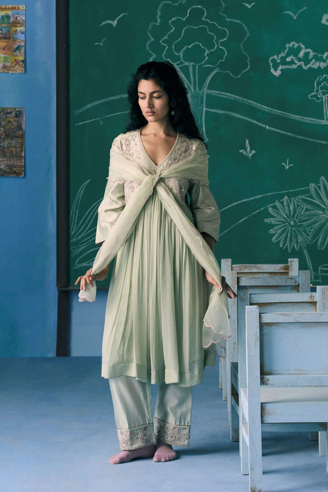 Soft Green & Baby Pink Cascade Kurta Set