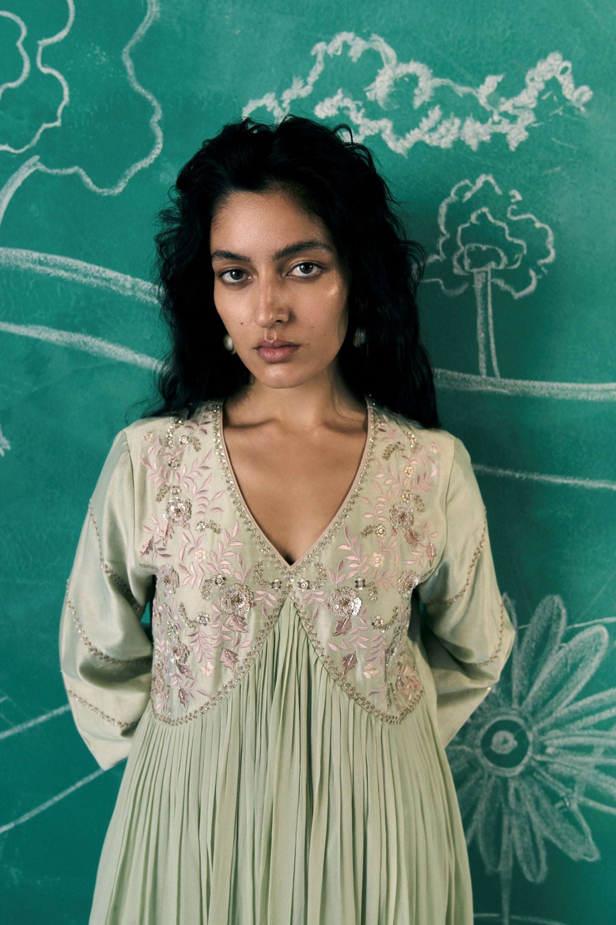 Soft Green & Baby Pink Cascade Kurta Set
