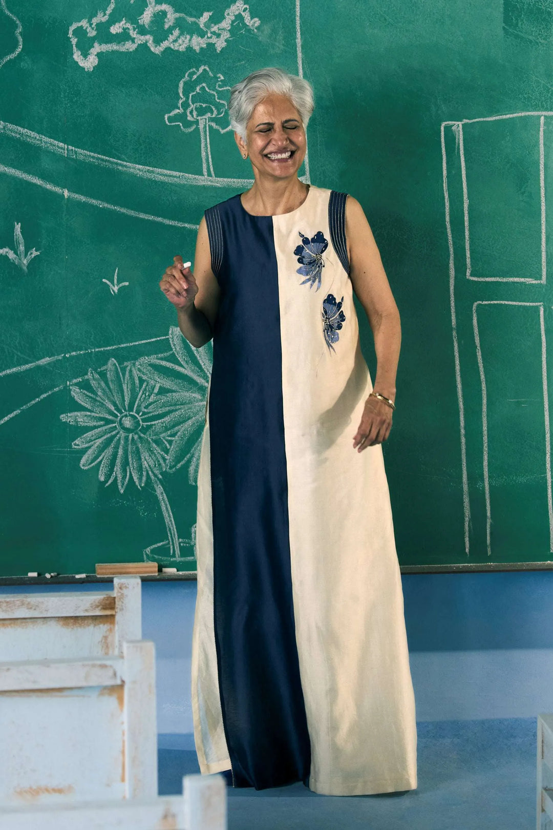 Blue & Ivory Colour Block Chanderi Silk - Amani Dress_2