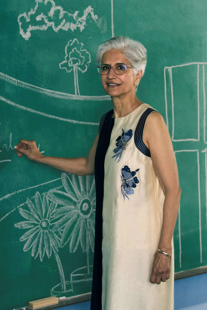 Blue & Ivory Colour Block Chanderi Silk - Amani Dress_4
