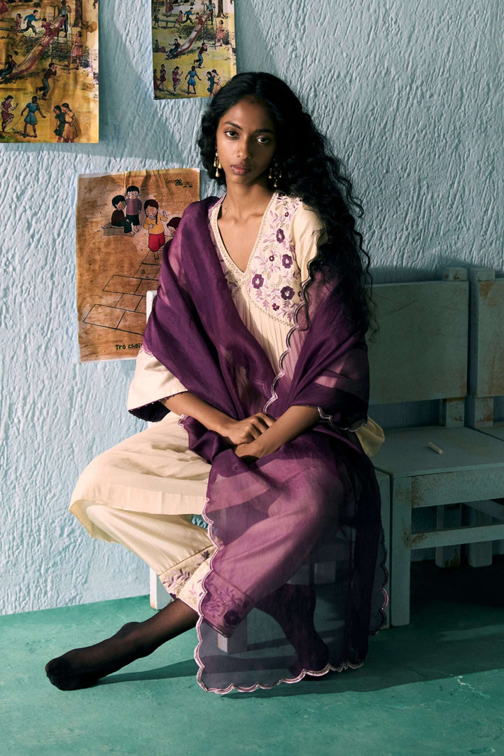 Ivory & Purple Cascade Kurta Set