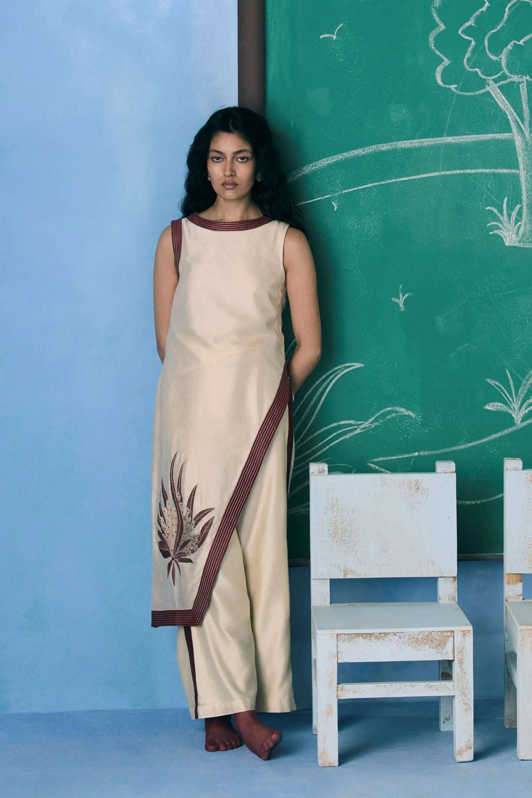 Ivory & Red Chanderi Silk Ethnic Co-ord Set - Indira_2
