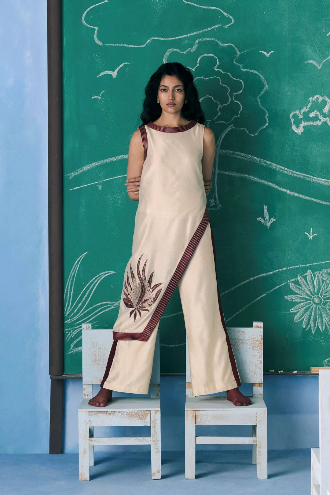Ivory & Purple Chanderi Silk Ethnic Co-ord Set - Indira_3