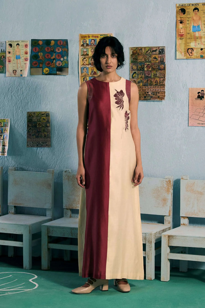 Red & Ivory Colour Block Chanderi Silk - Amani Dress_2