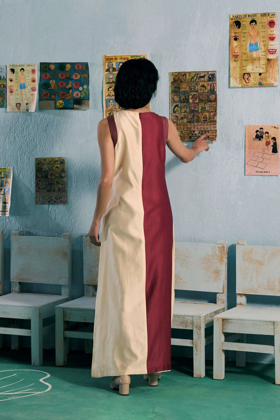 Red & Ivory Colour Block Chanderi Silk - Amani Dress_3