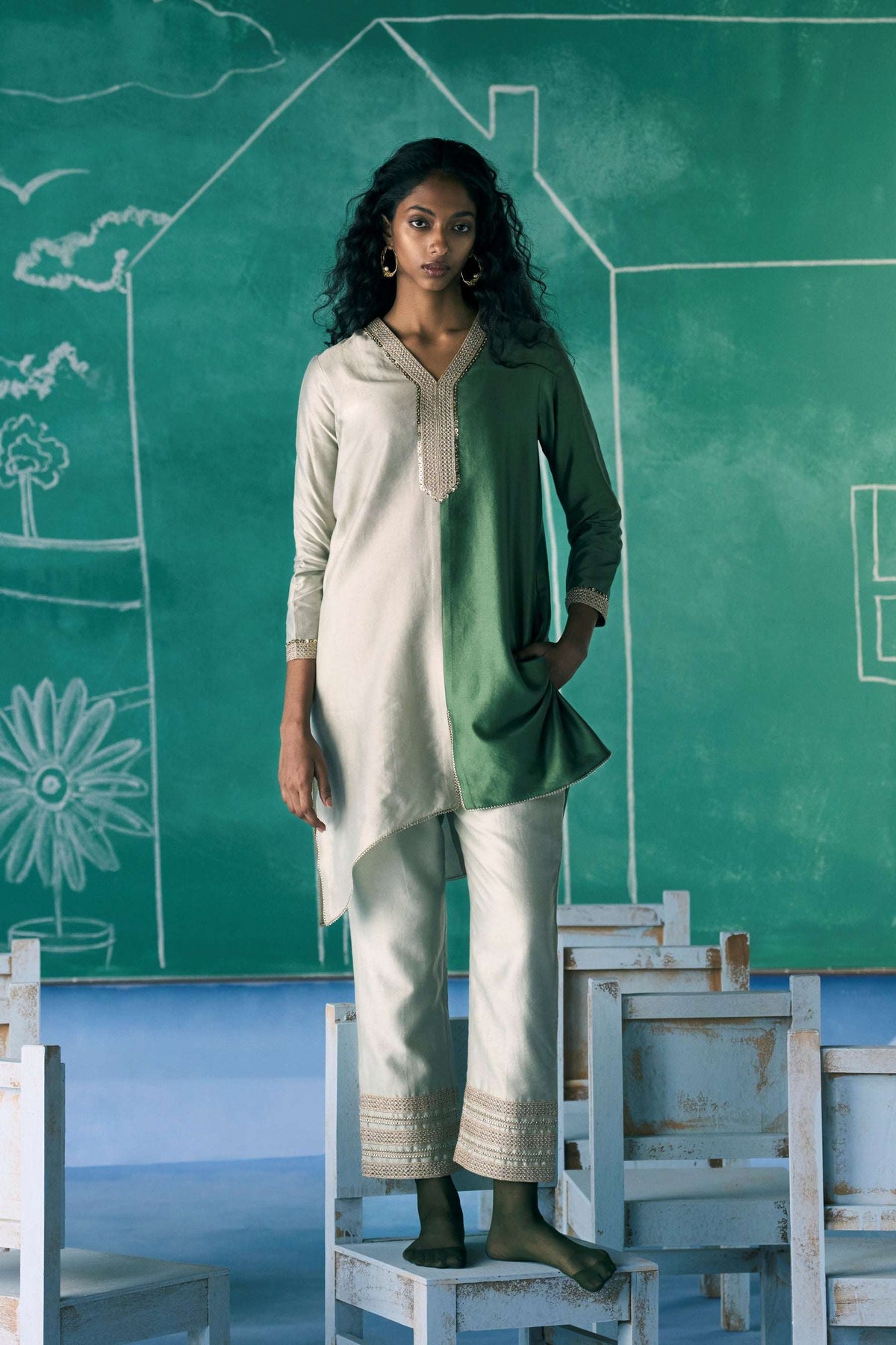 Green Colour Block Ira Co-ord Set
