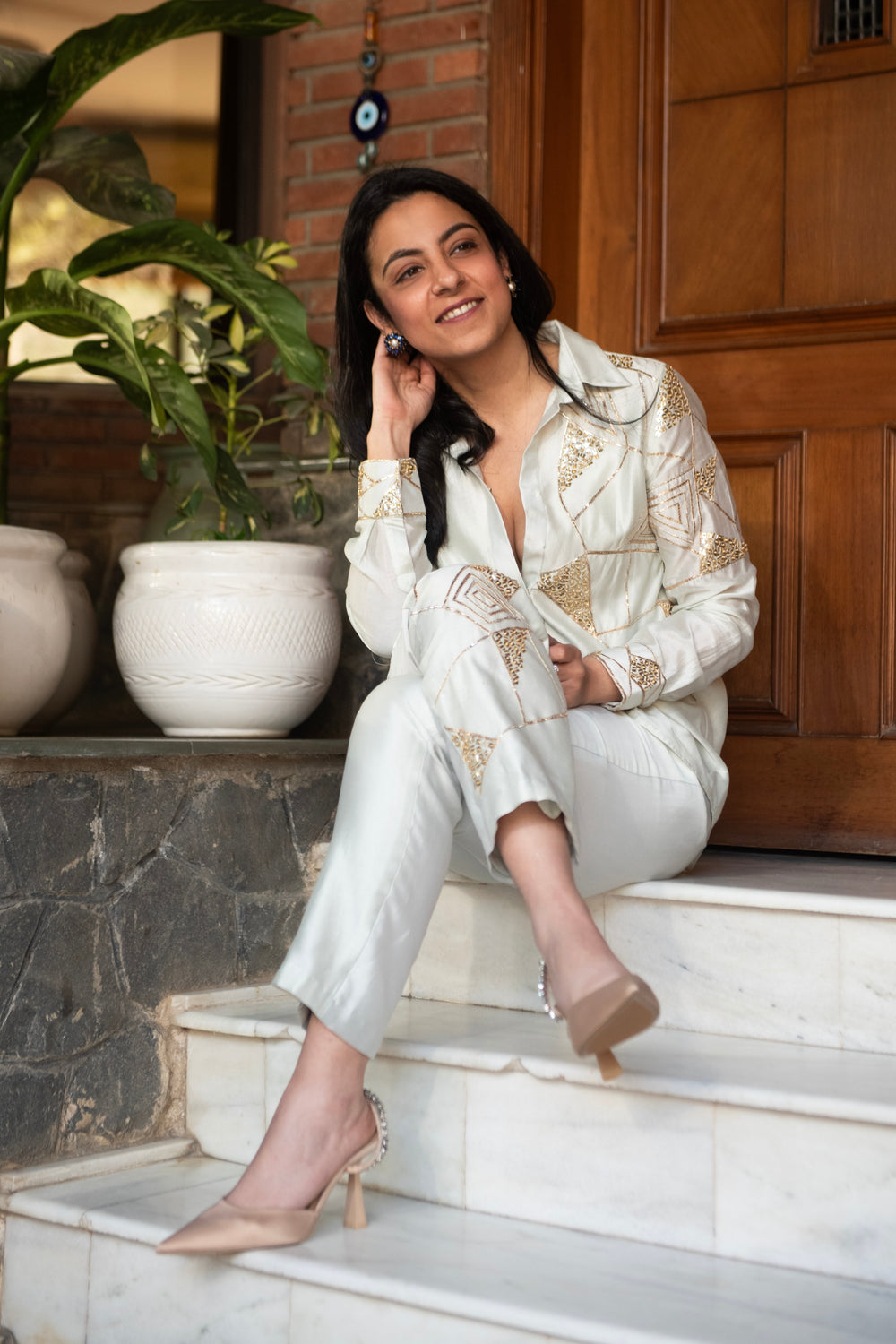 Baby blue Zephyr ethnic co-ord set for women — Warra premium occasion wear India - 1