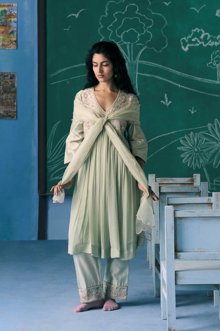 Soft Green & Baby Pink Cascade Kurta Set