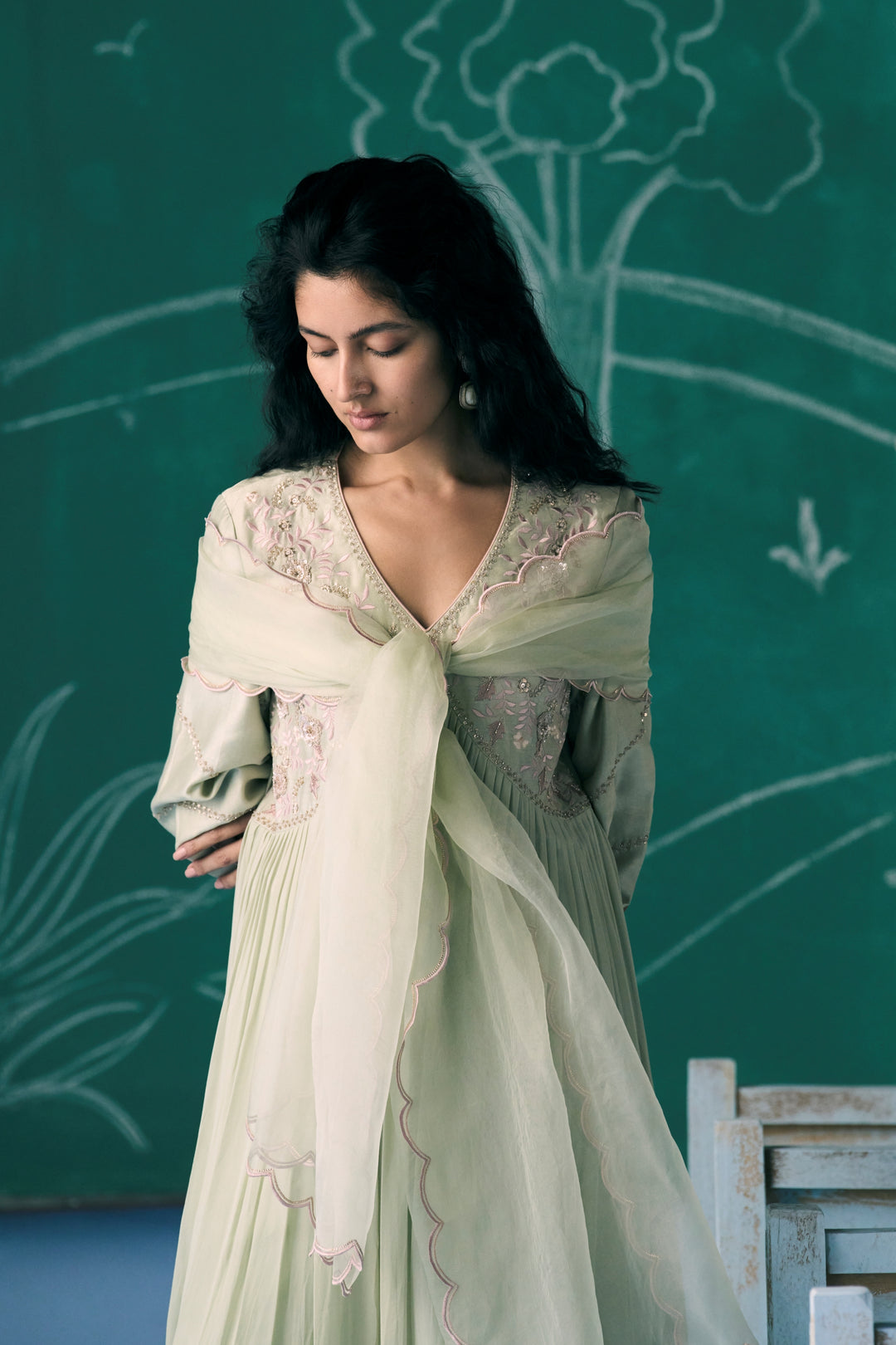 Soft Green & Baby Pink Cascade Kurta Set