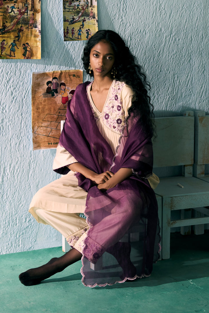 Ivory & Purple Cascade Kurta Set