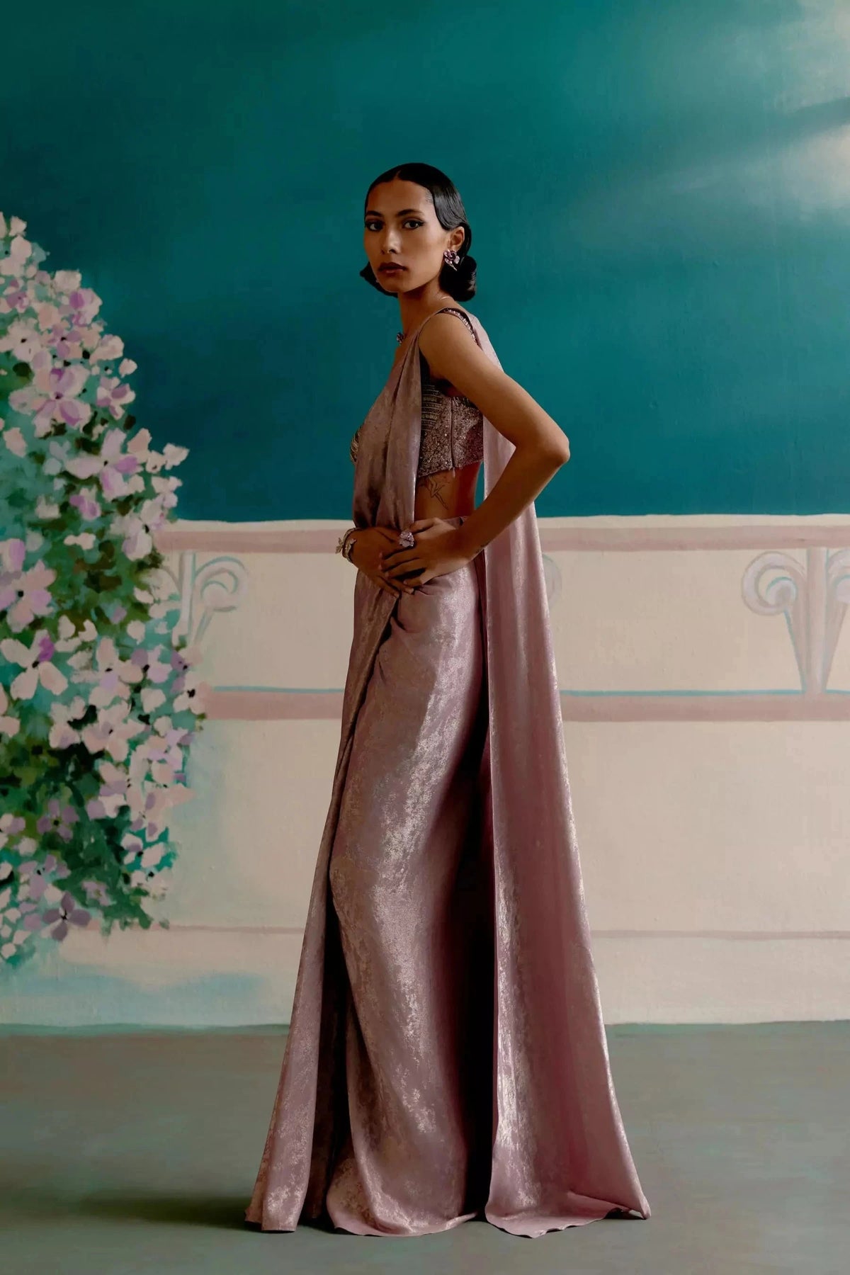Celestial pink silver satin ready to wear saree — Warra premium occasion saree India - 3