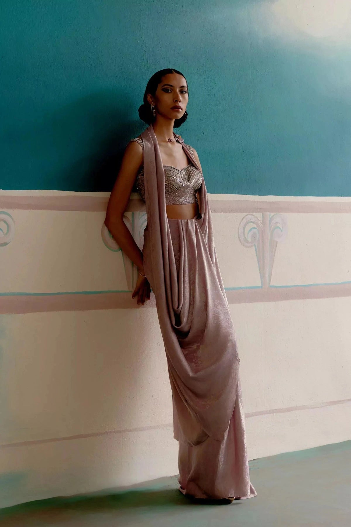 Celestial pink silver satin ready to wear saree — Warra premium occasion saree India - 5
