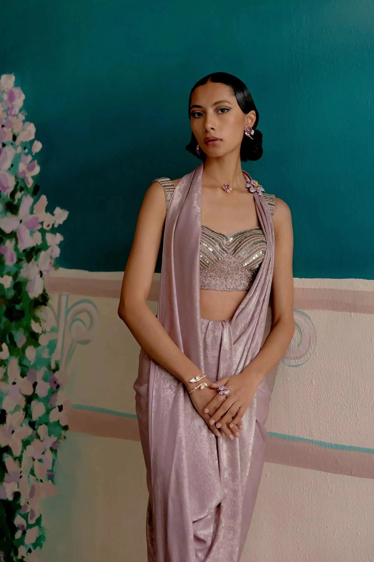 Celestial pink silver satin ready to wear saree — Warra premium occasion saree India - 6