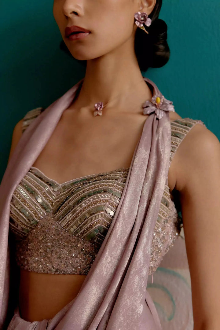 Celestial pink silver satin ready to wear saree — Warra premium occasion saree India - 1   
