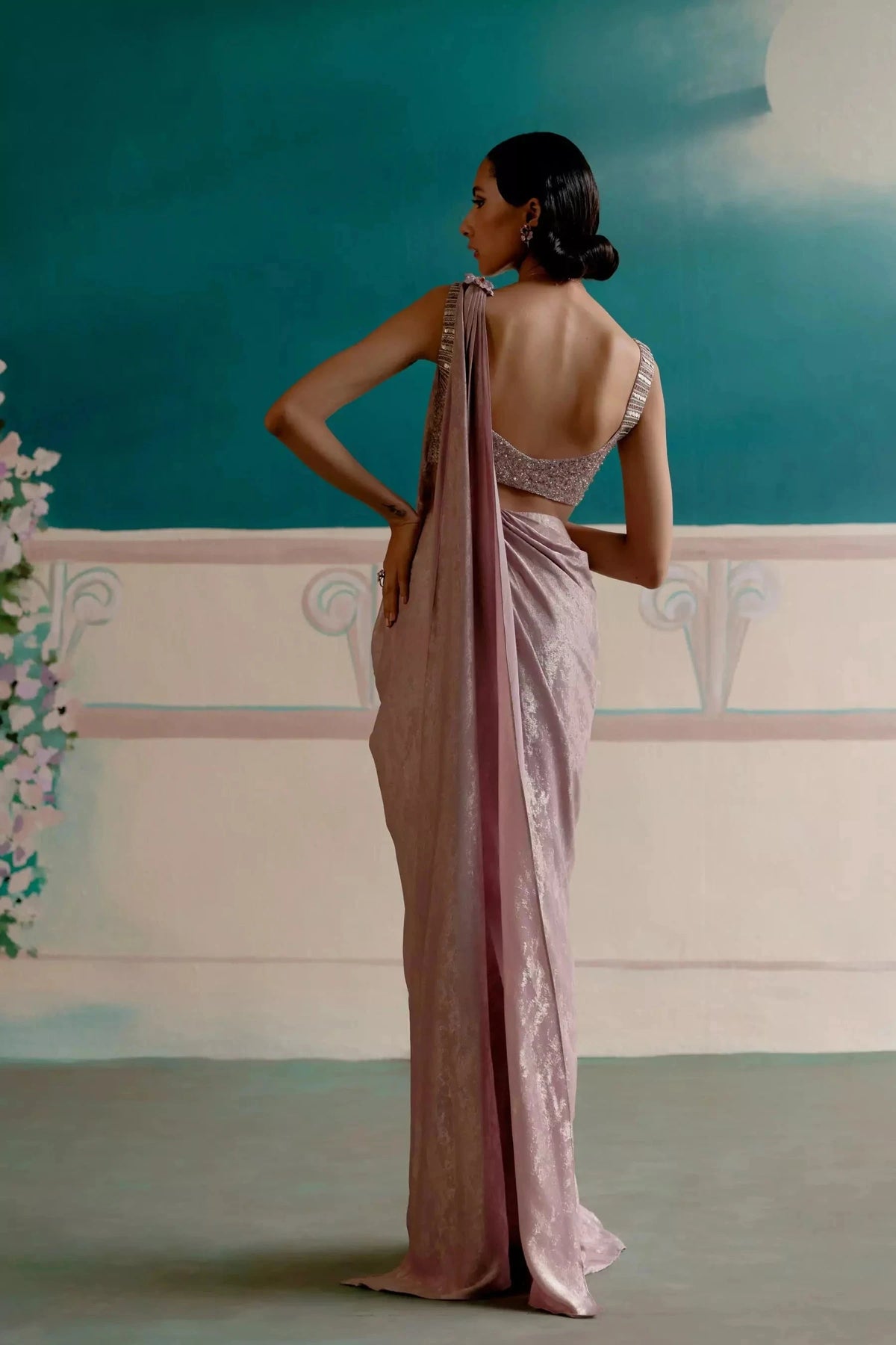 Celestial pink silver satin ready to wear saree — Warra premium occasion saree India - 7