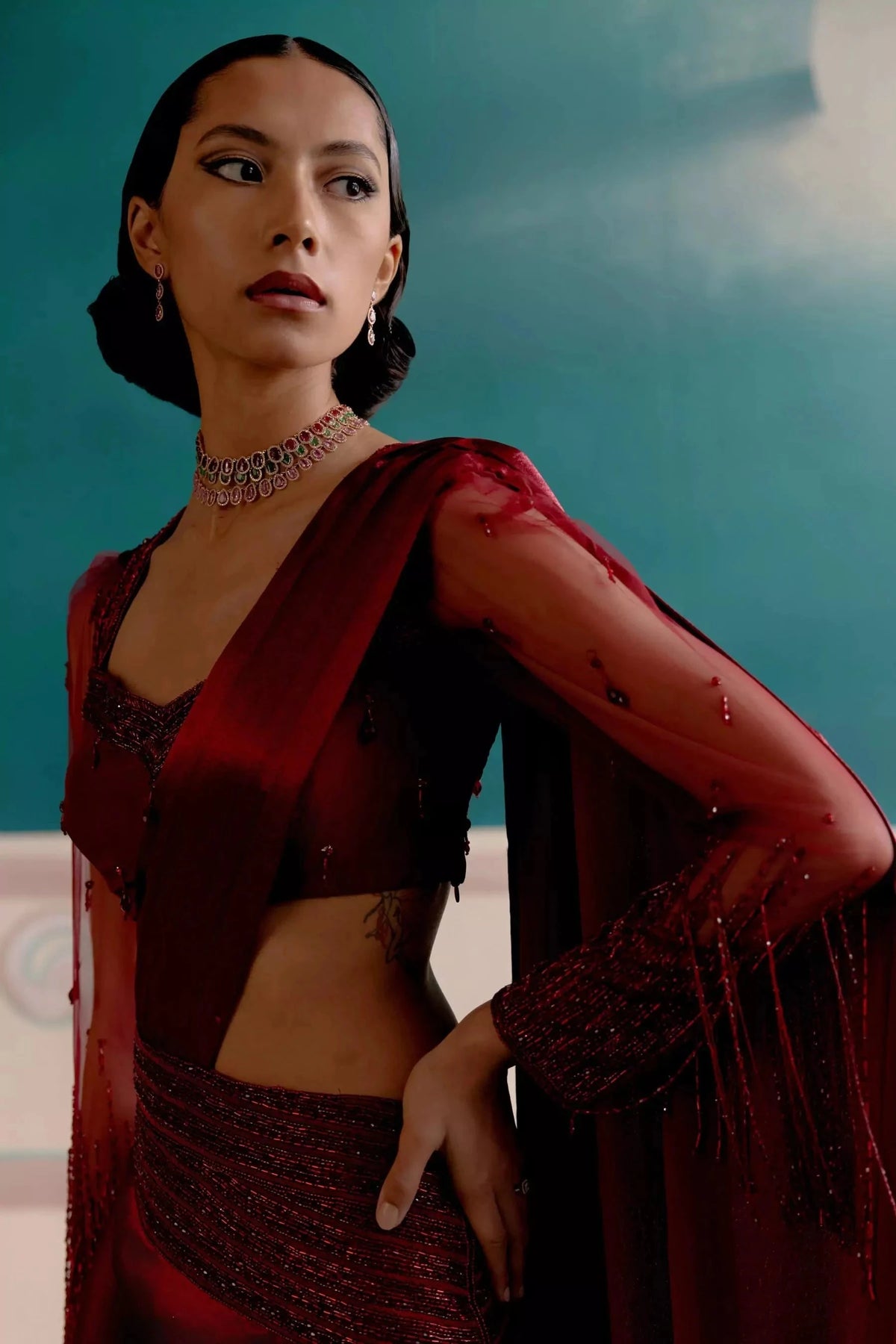 Crimson cascade draped saree ensemble — Warra ready to wear saree for wedding India - 2