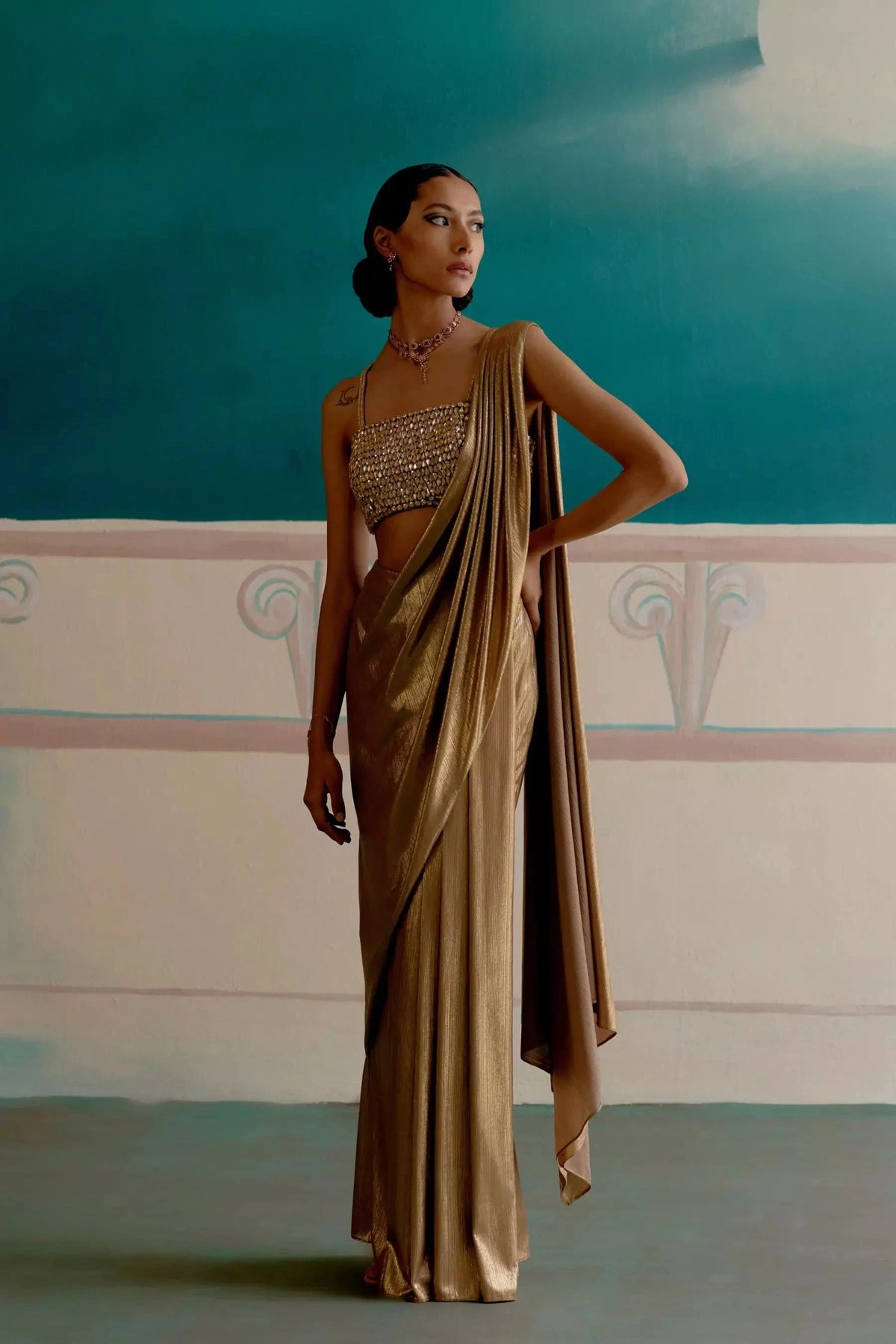 Oscar gold ready to wear saree — Warra golden occasion saree with stitched blouse India - 2