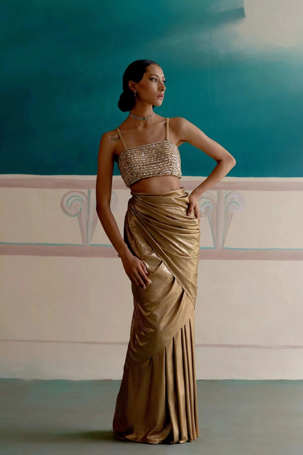 Oscar gold ready to wear saree — Warra golden occasion saree with stitched blouse India - 5