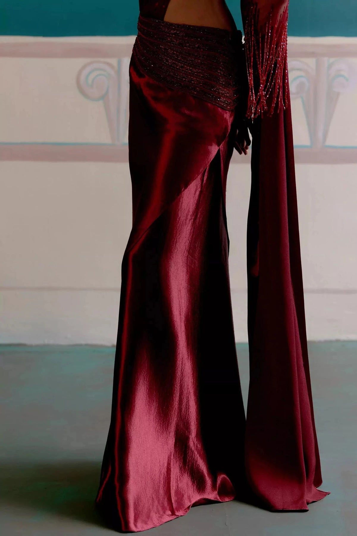 Crimson cascade draped saree ensemble — Warra ready to wear saree for wedding India - 3