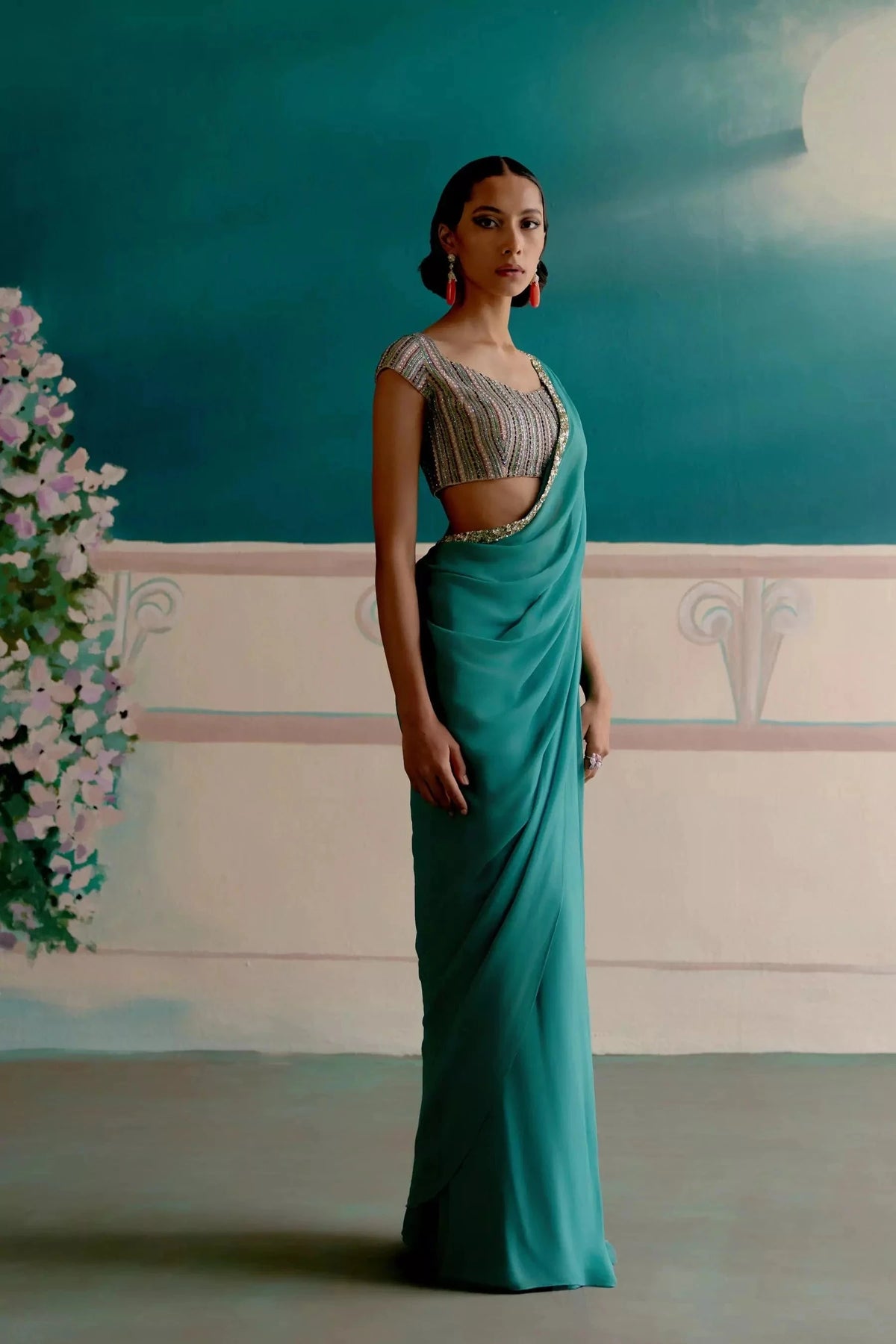 Pre-stitched firoza ready to wear saree — Warra stitched blouse saree occasion wear - 4