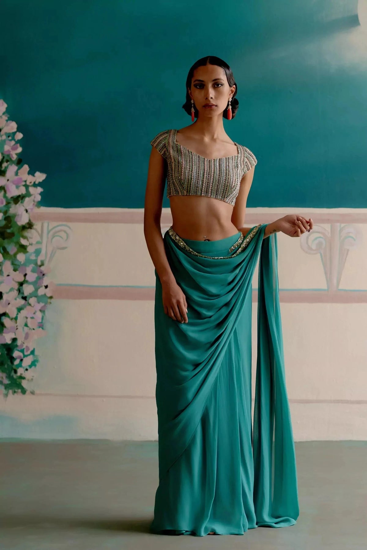 Pre-stitched firoza ready to wear saree — Warra stitched blouse saree occasion wear - 3