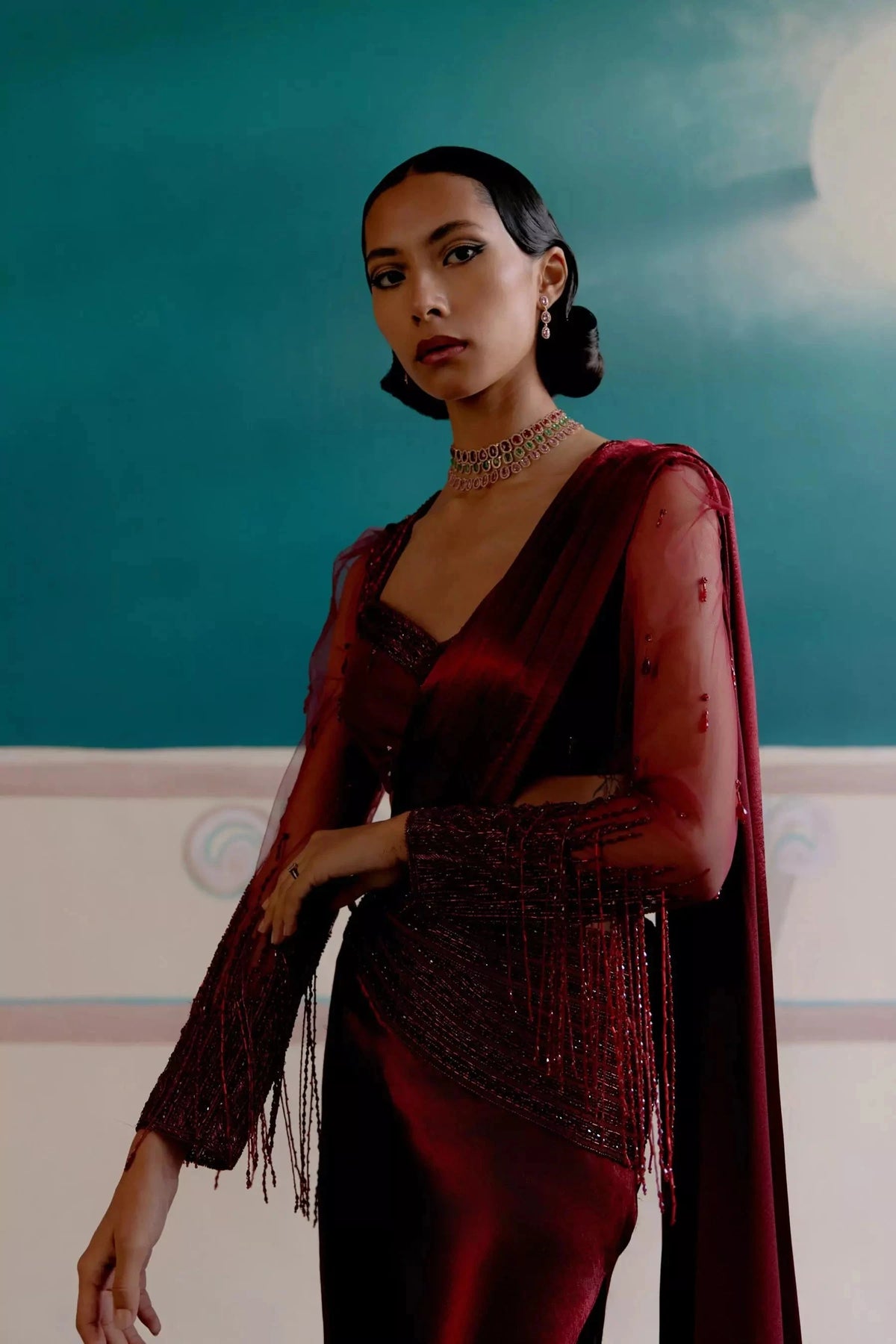Crimson cascade draped saree ensemble — Warra ready to wear saree for wedding India - 4