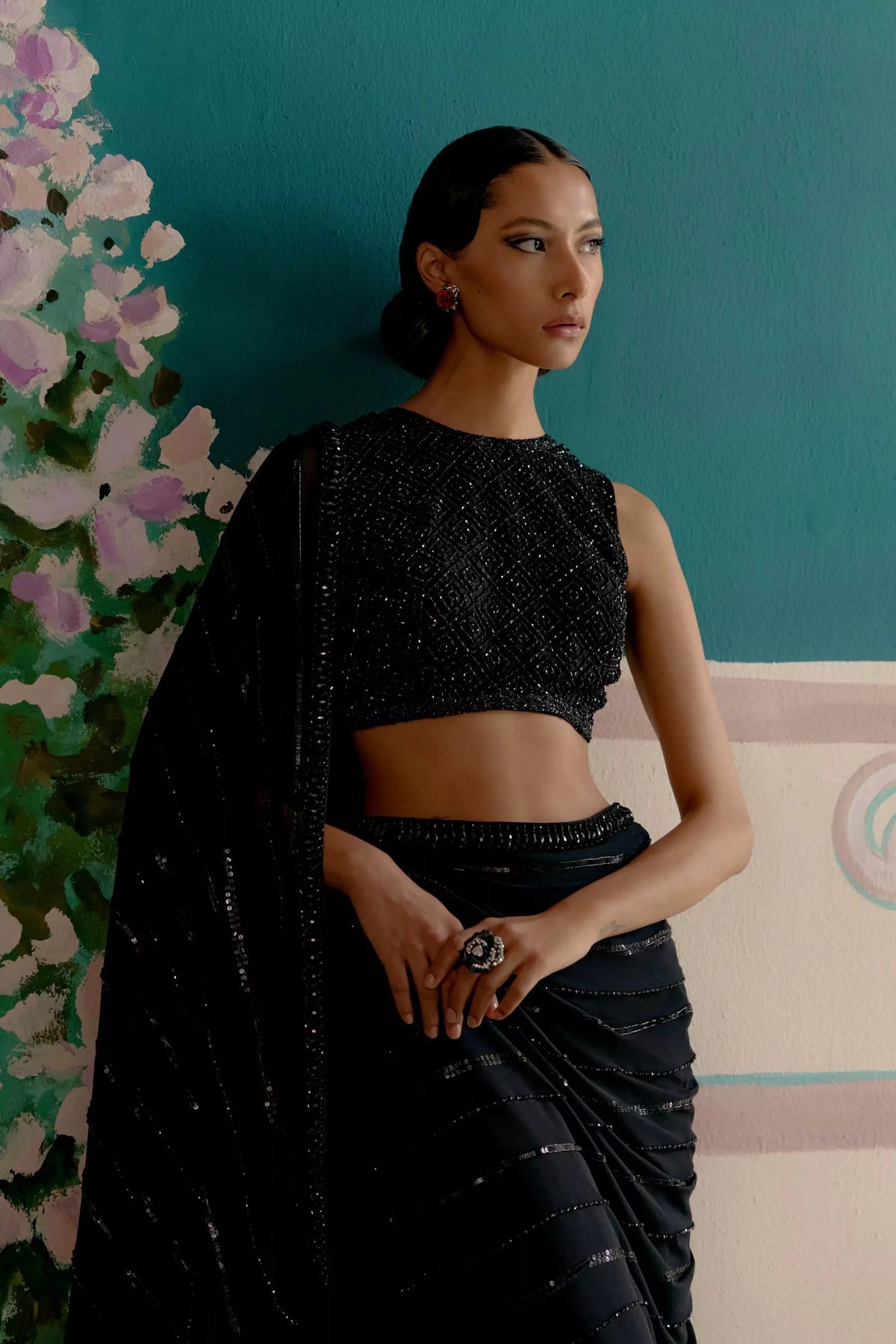 Starry Night Black Stitched Saree Blouse_1