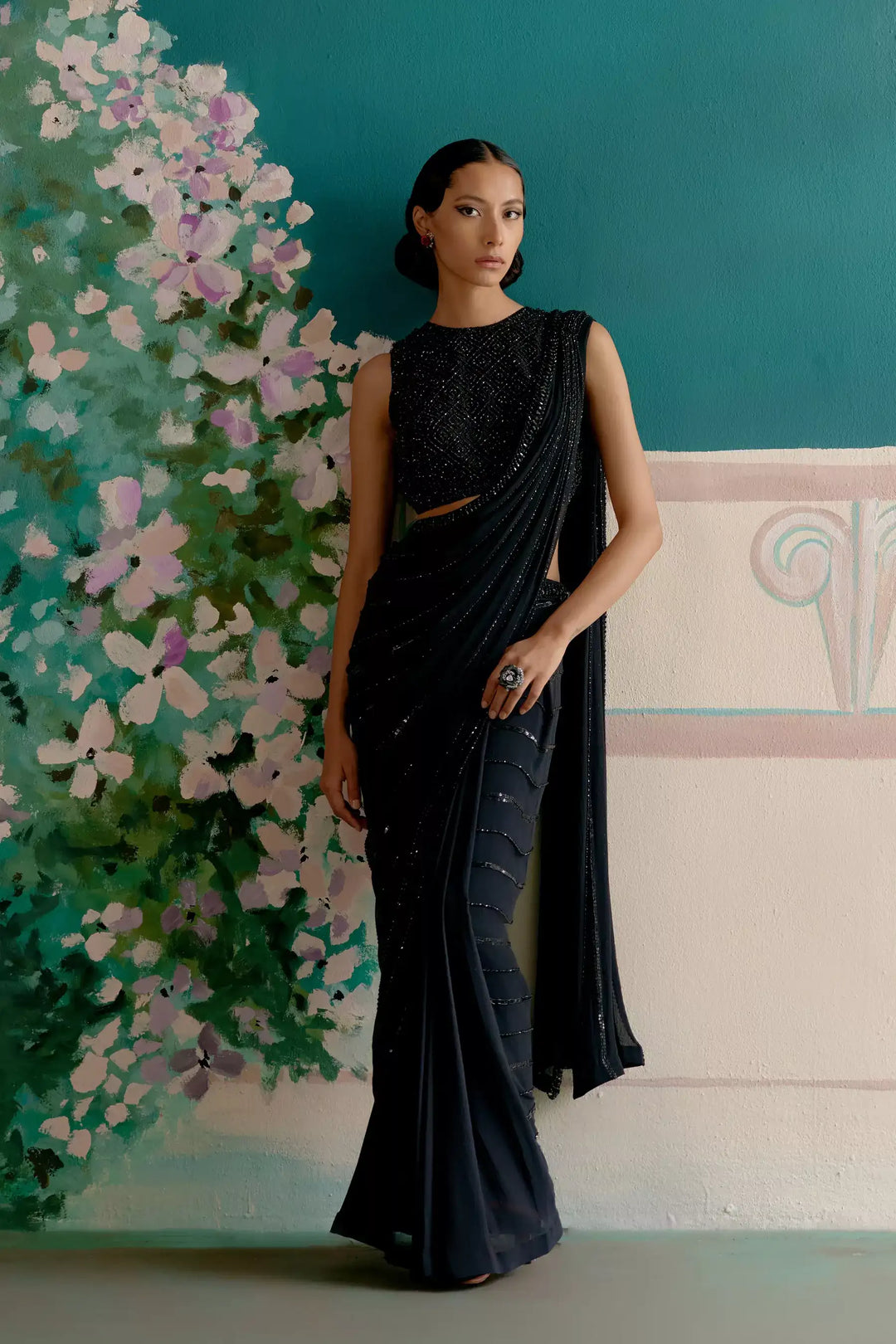 Starry night black stitched saree blouse — Warra ready to wear saree blouse India - 3