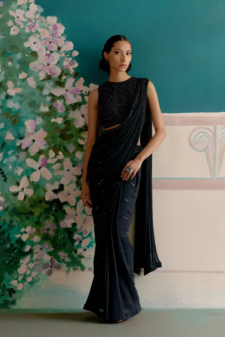 Starry night black ready to wear saree — Warra premium occasion saree for women India - 4