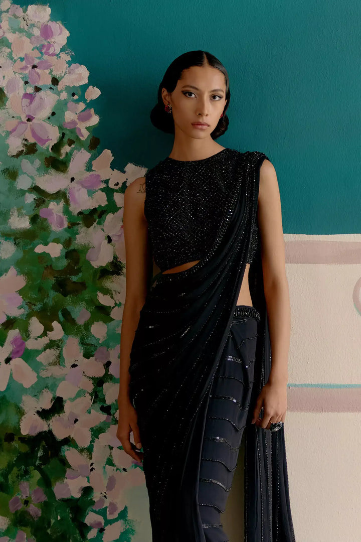 Starry night black ready to wear saree — Warra premium occasion saree for women India