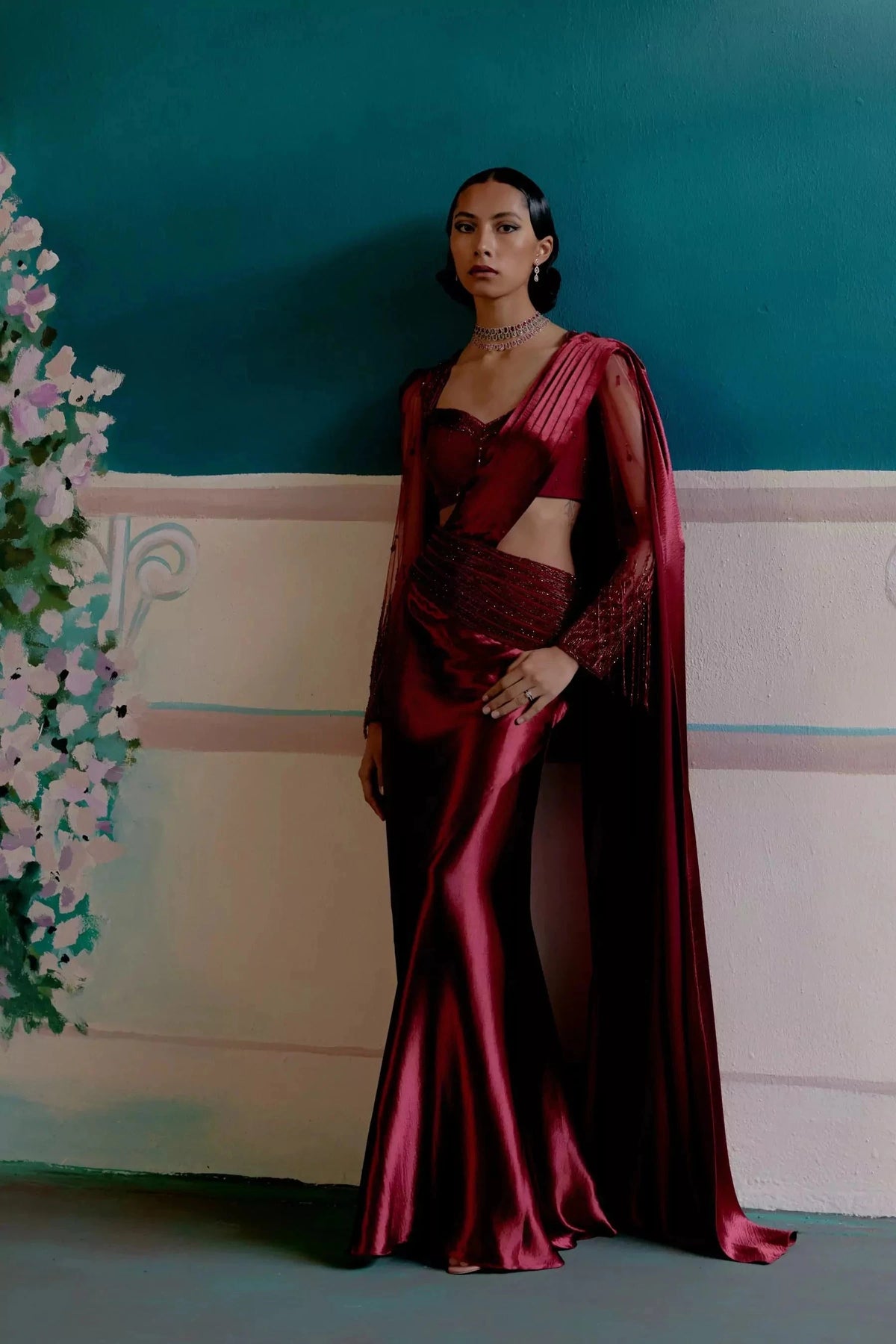 Crimson cascade draped saree ensemble — Warra ready to wear saree for wedding India - 5