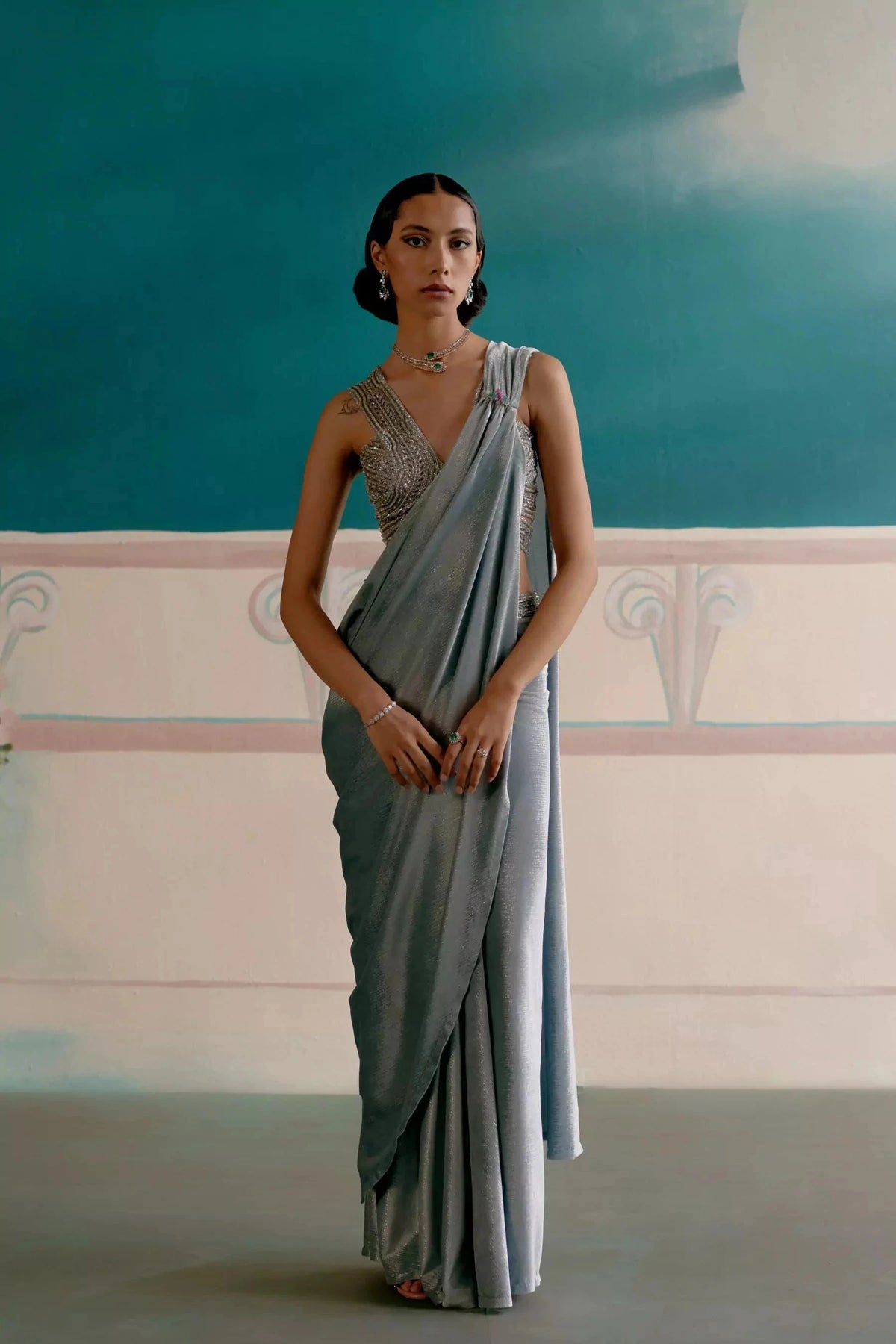 Sky blue ready to wear saree with stitched blouse — Warra premium occasion saree India - 3