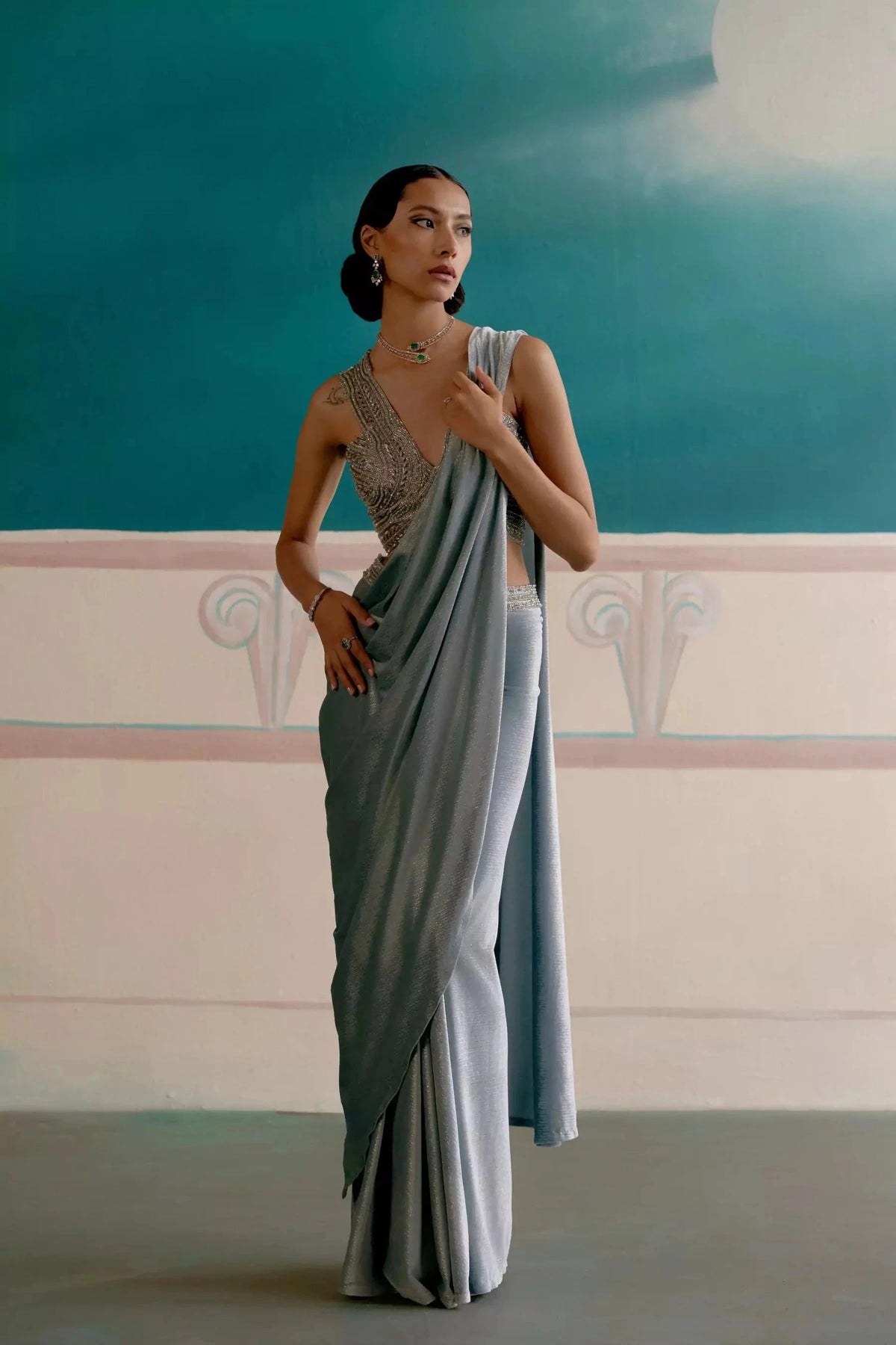Sky blue ready to wear saree with stitched blouse — Warra premium occasion saree India