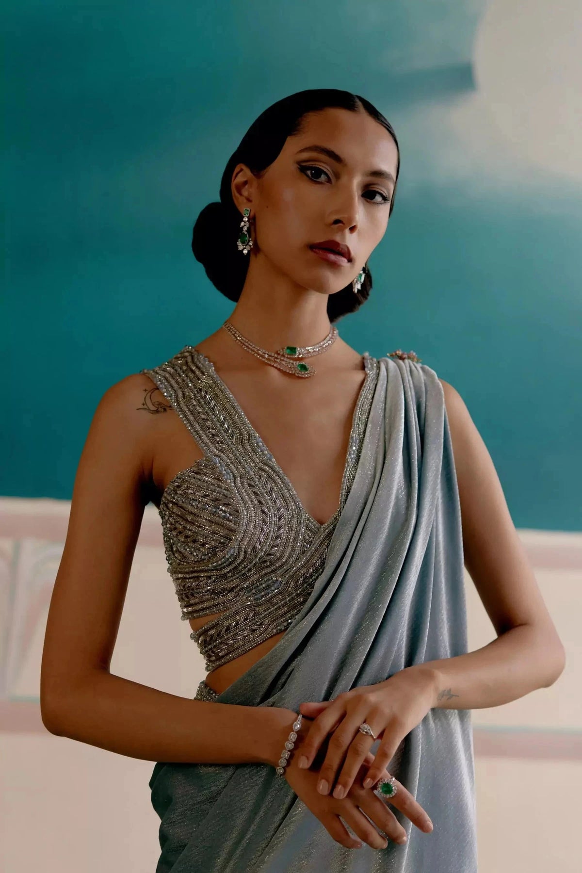 Sky blue ready to wear saree with stitched blouse — Warra premium occasion saree India - 2