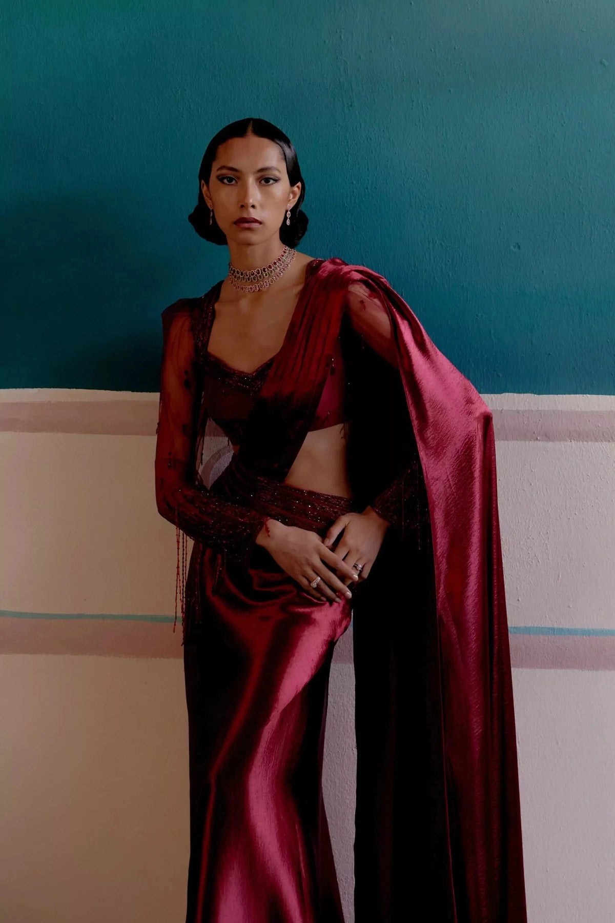 Crimson cascade draped saree ensemble — Warra ready to wear saree for wedding India
