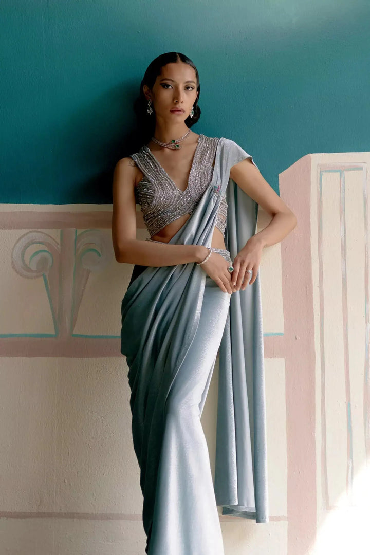 Sky blue ready to wear saree with stitched blouse — Warra premium occasion saree India - 4