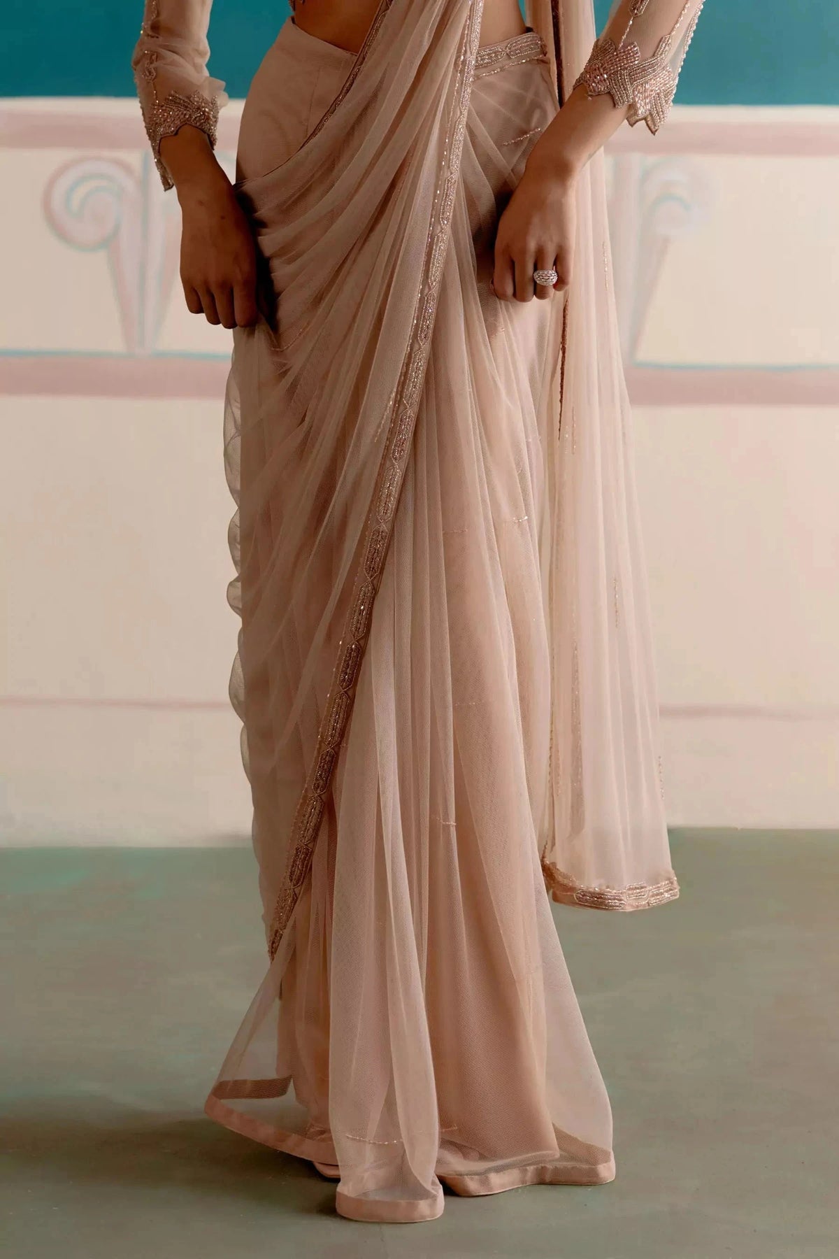 Champagne draped ready to wear saree with stitched blouse — Warra luxury occasion wear - 4