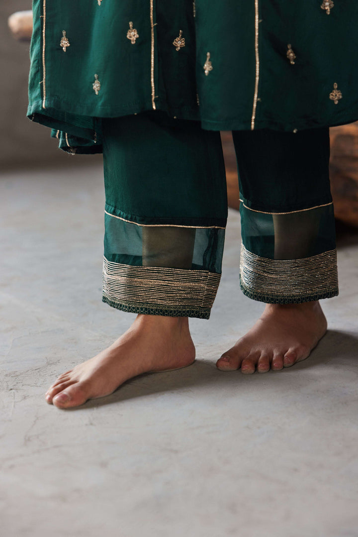 A-line kurta set in dark green with embroidery for festive wear in india - warra